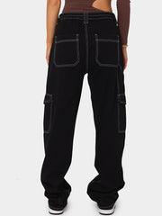 High Waist Flap Pockets Cargo Jeans Casual Loose Wide Legs Denim Pants