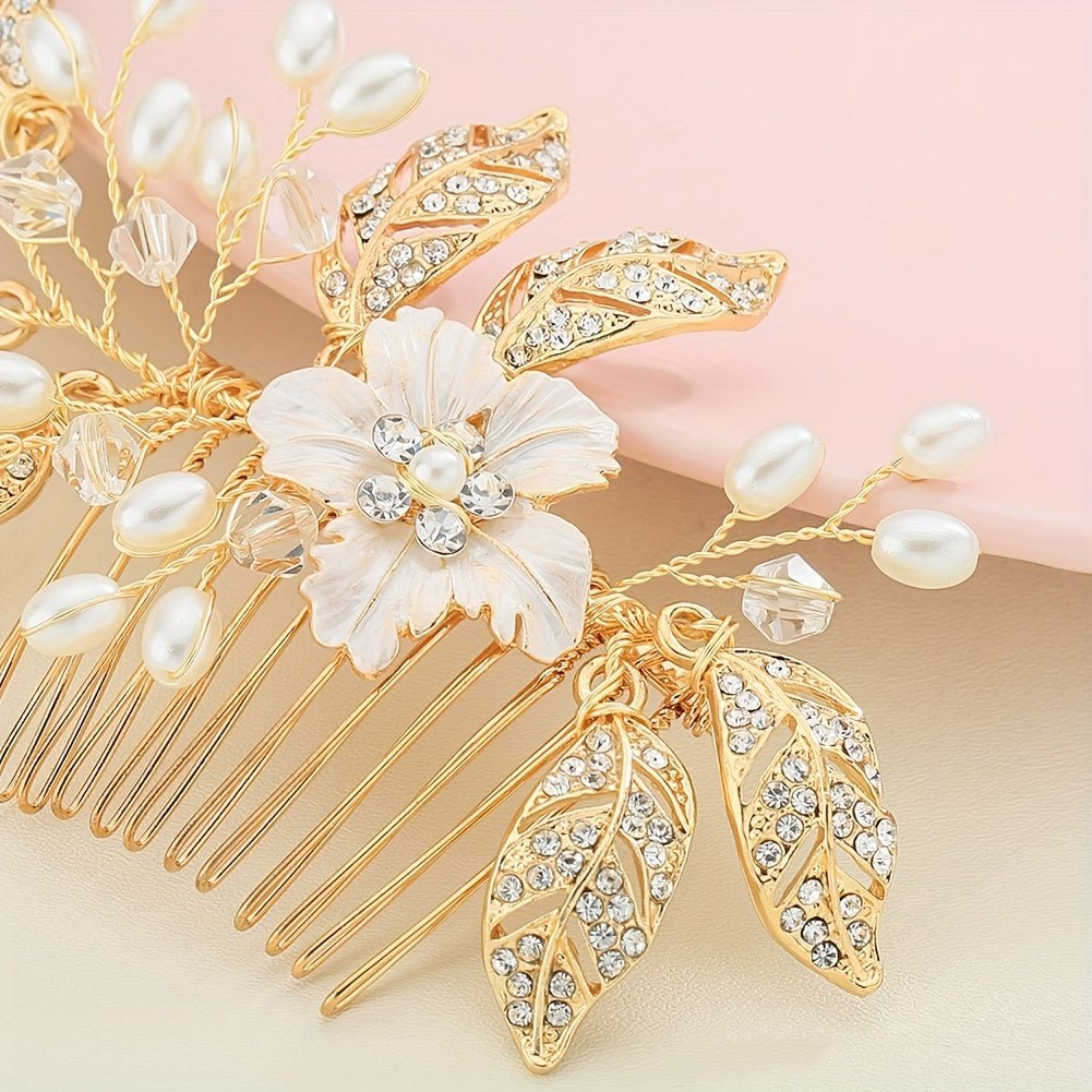 Flower & Leaf Charm Rhinestone Hair Comb Pearl Decor Wedding Headwear