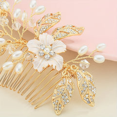Flower & Leaf Charm Rhinestone Hair Comb Pearl Decor Wedding Headwear