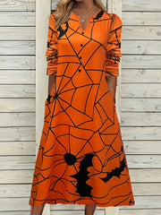 Halloween Web & Bat Print Long Sleeve Dress