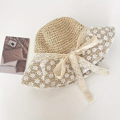 Lace Flower Ribbon Sun Hat Wide Brim Straw Hat Foldable Travel Beach Hats