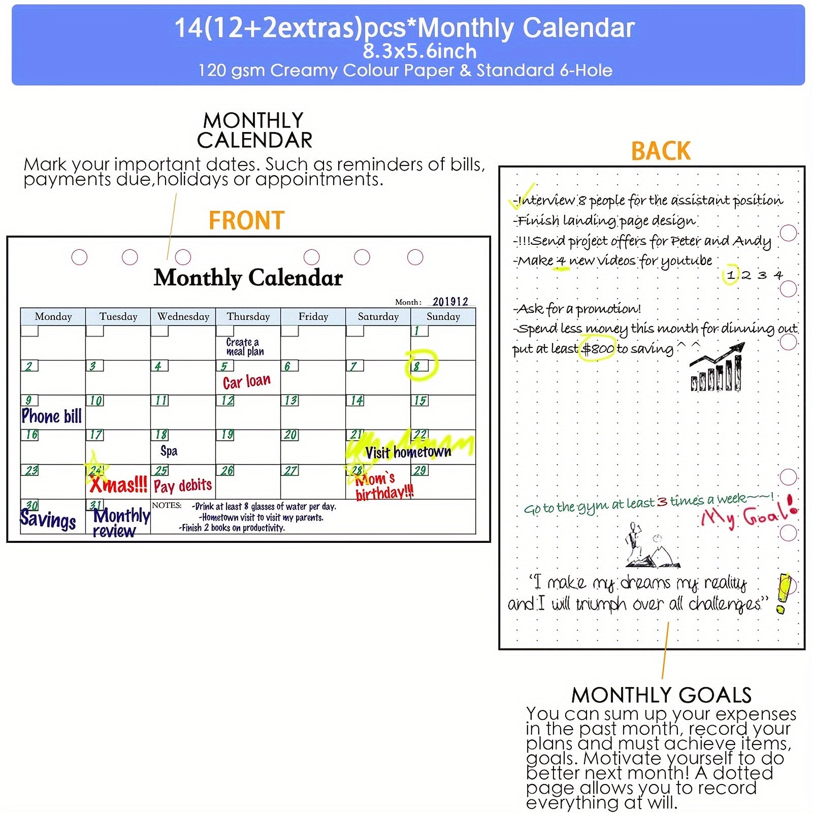82pcs Weekly&Monthly Planner & 6 Hole Budget System Refill