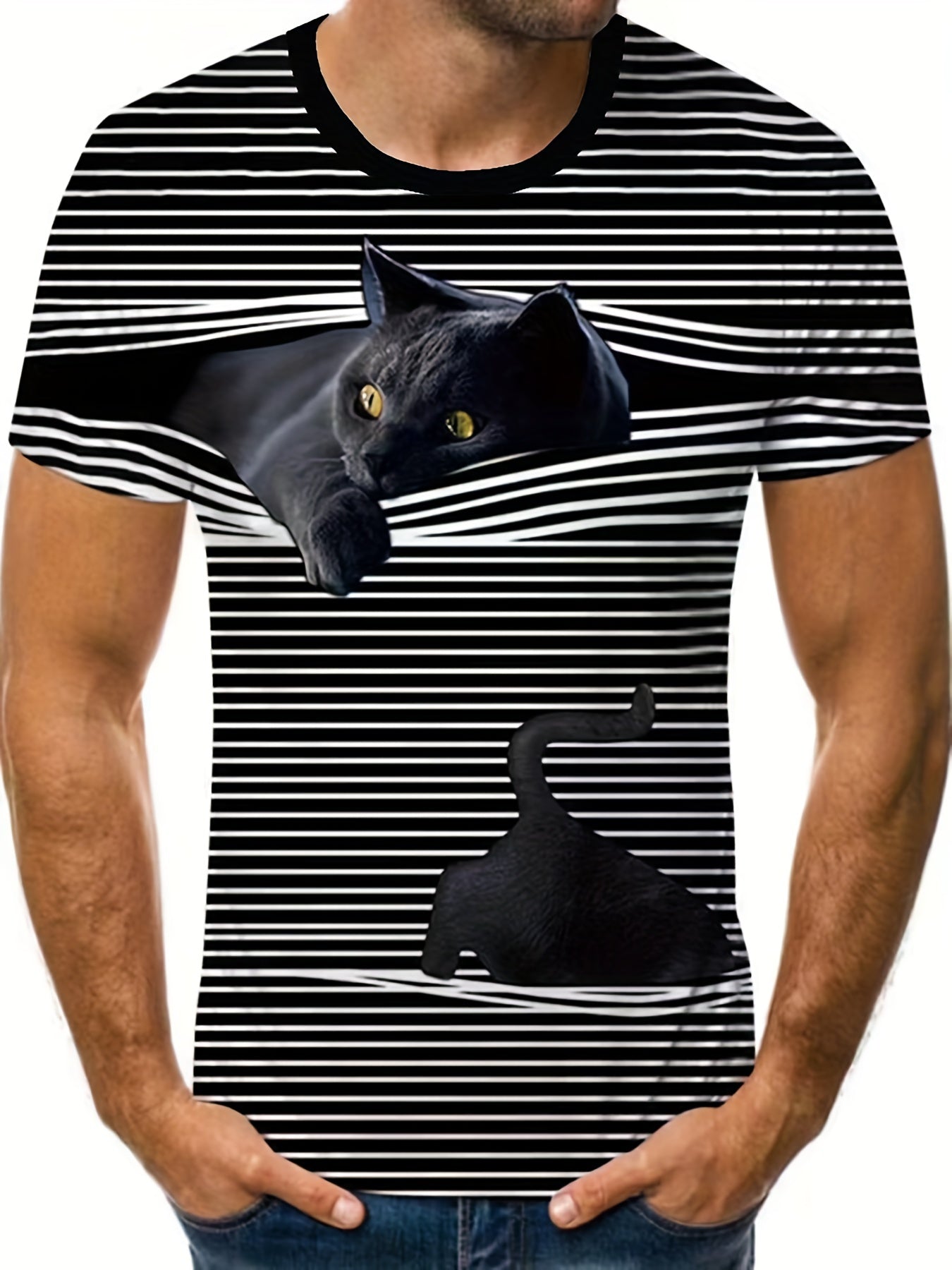 Men's 3D Cat & Blinds Graphic T Shirt Breathable Tee for Outdoor Fun