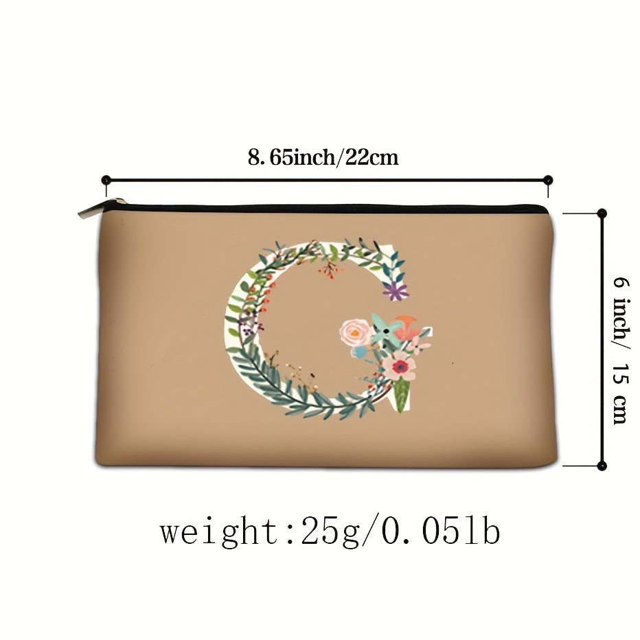 Floral Pattern Cosmetic Bag with Letter Detail Zipper