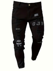 Men's Embroidery Slim Fit Ripped Jeans