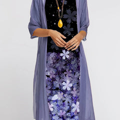 Solid Open Front Coat & Floral Print Tank Dress Set