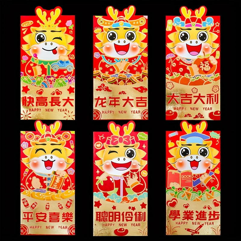 6pcs Chinese New Year Red Envelopes Lion Dragon Cartoon Design Party Birthday