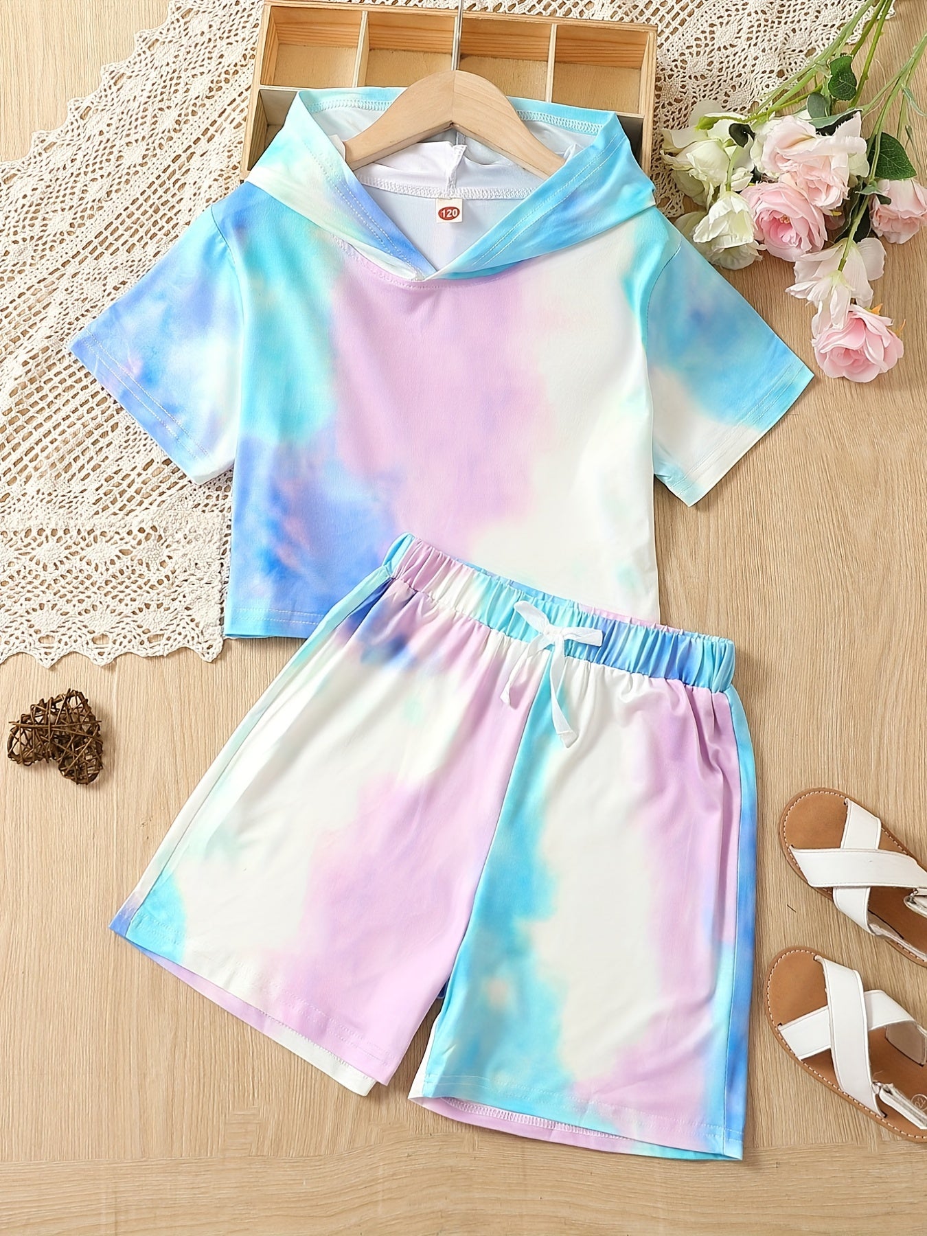 Girls' Tie Dyed Tracksuit Hooded T Shirt & Drawstring Shorts Set
