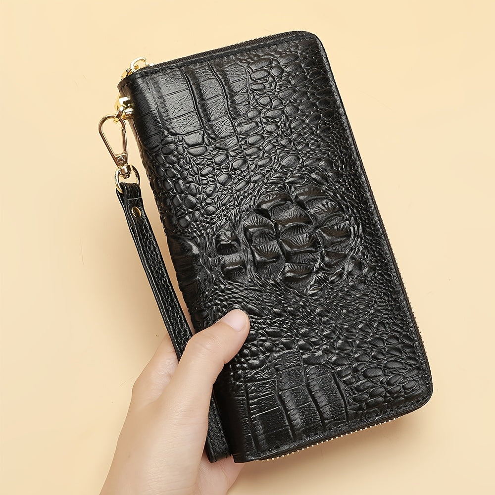 Cowhide Leather Crocodile Embossed Wallet Long Zipper Clutch