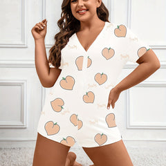 Pajama Romper Women's Plus Peach & Letter Print