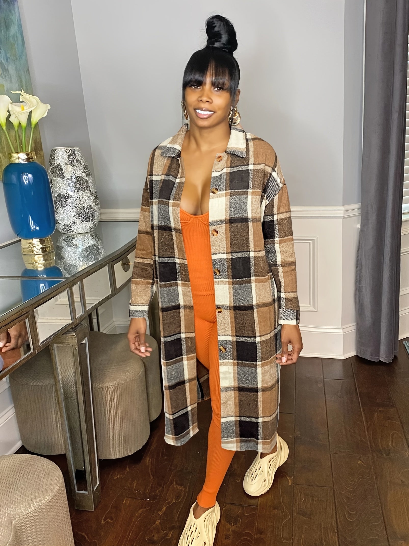Oversized Plaid Shirt Jacket Long Sleeve Button Up Casual Shacket