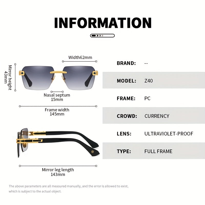 Men's Rectangular Metal Rimless Sunglasses