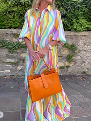 Colorblock Stripe Print Half Puff Sleeve Maxi Dress