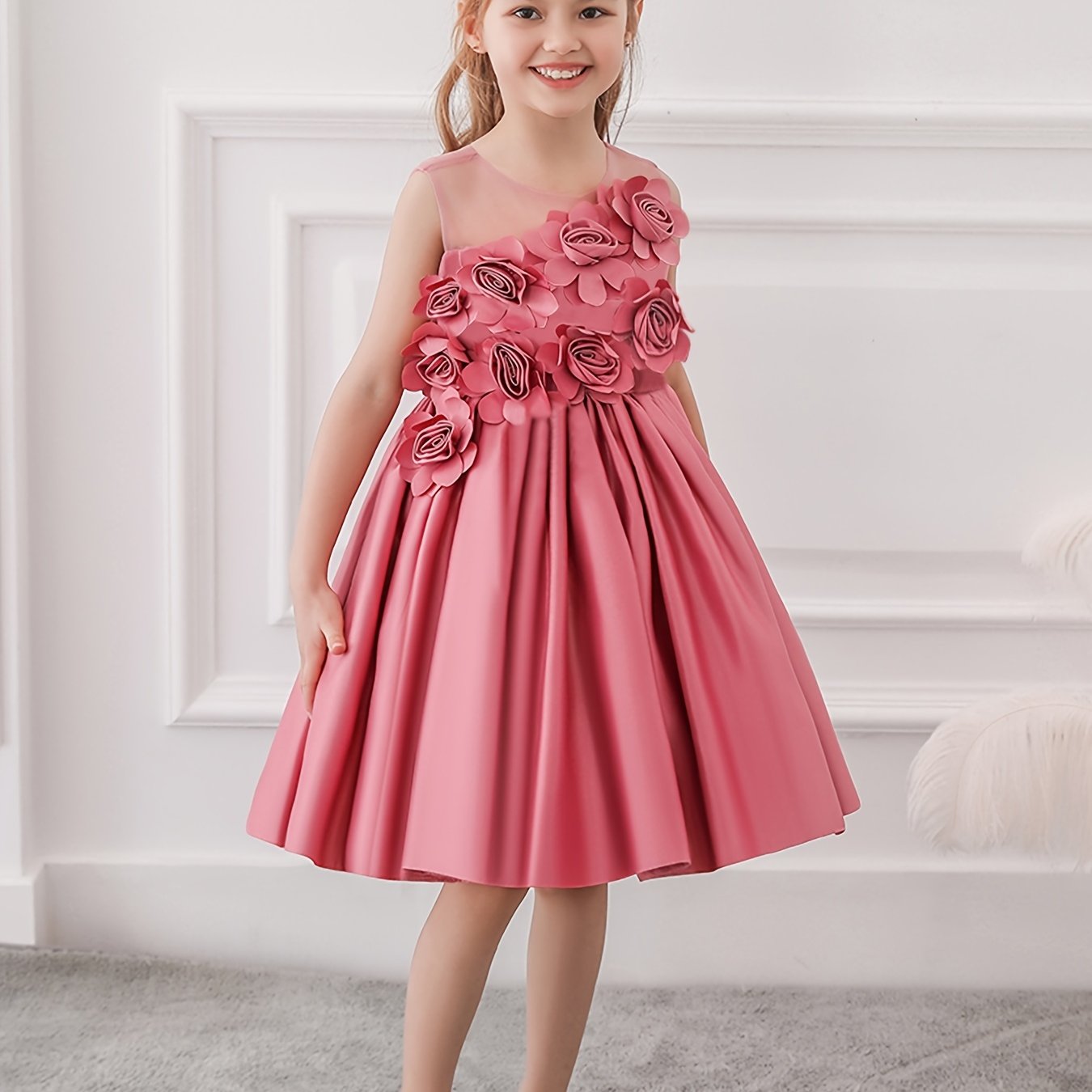 Girls Mesh Princess Dress with Flower Decoration