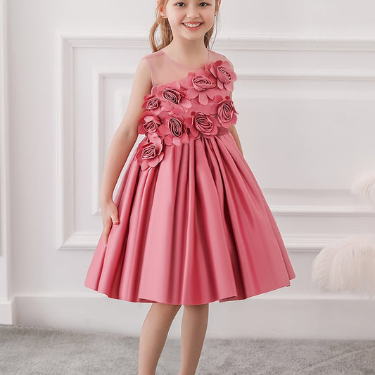 Girls Mesh Princess Dress with Flower Decoration