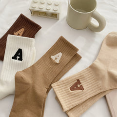 5 Pairs A Embroidery Socks Comfy Cotton Mid Tube Stockings