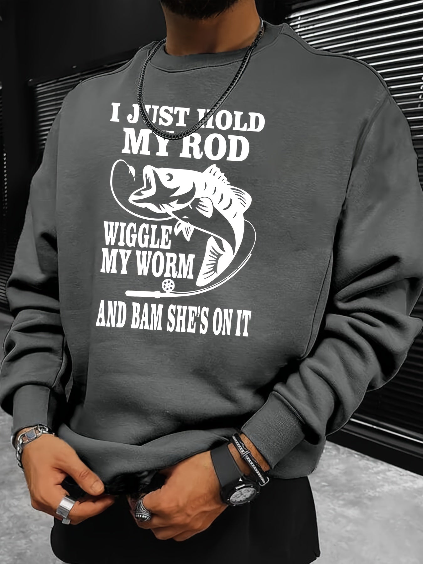 Funny Fishing Slogan Print Sweatshirt Men's Casual Crew Neck Pullover