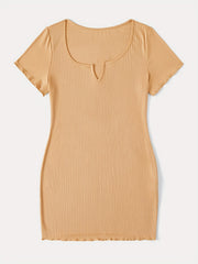 Ribbed Notched Neck Short Sleeve Mini Dress