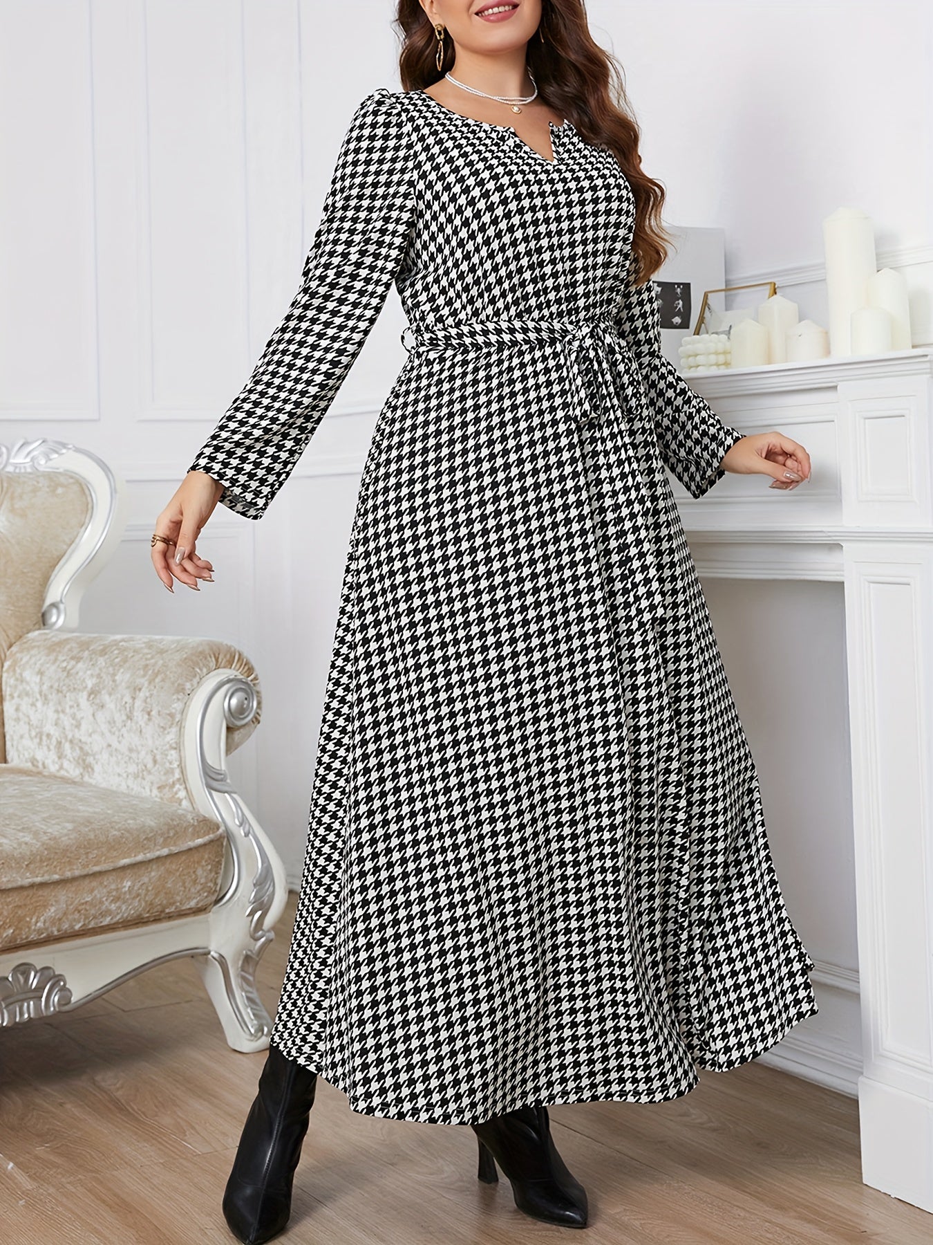 Women's Houndstooth Print Maxi Dress With Belt