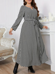 Women's Houndstooth Print Maxi Dress With Belt