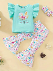 Girls Bunny Graphic 2pcs Outfits with Stripped Flare Pants