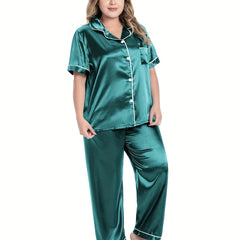 Satin Pajama Set Short Sleeve Button Up Shirt & Pants 2 Piece