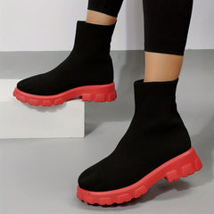 Solid Mid Calf Boots Round Toe Knitted Slip on Boots Women's Footwear