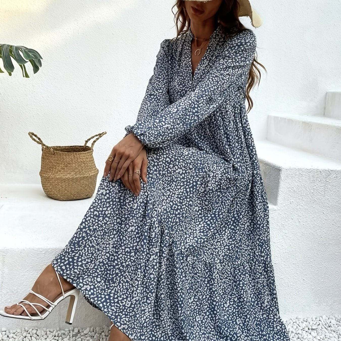Leopard Print Maxi Dress Boho V Neck Lantern Sleeve Dress
