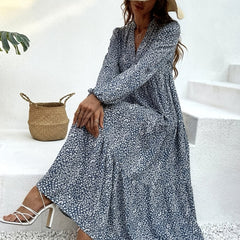 Leopard Print Maxi Dress Boho V Neck Lantern Sleeve Dress