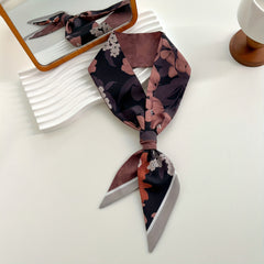 Brown Flower Print Skinny Scarf Vintage Silky Long Ribbon Neckerchief