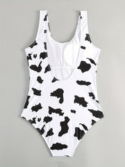 Cow Print Round Neck One Piece Swimsuit