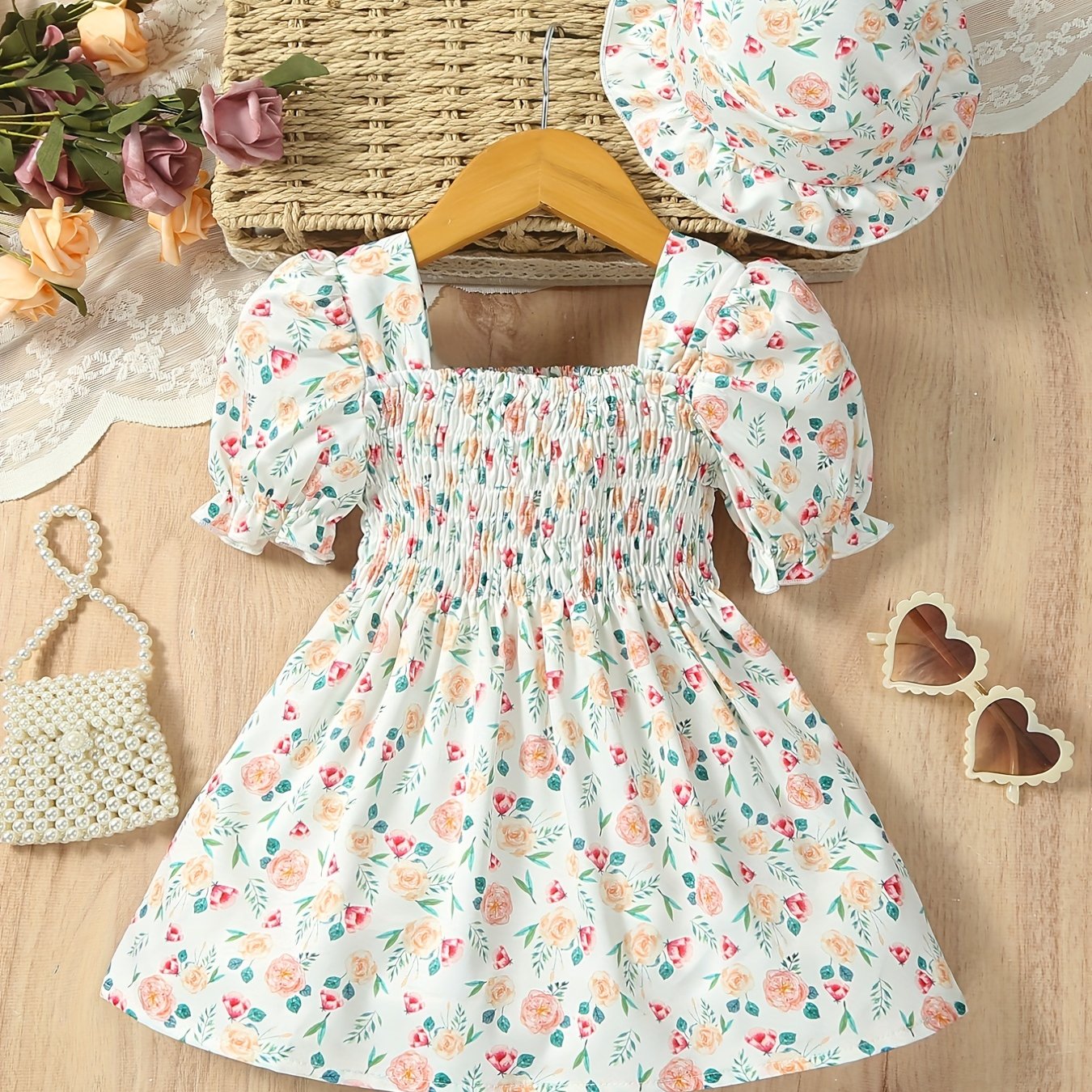 Girls Ruffle Trim Shirred Puffy Floral Dress for Toddler Baby