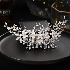 Leaf Flower Bride Wedding Hair Comb Faux Pearl Bridal Hair Piece Crystal