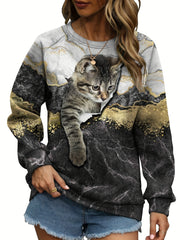 Cat Print Pullover Sweatshirt Crew Neck Casual Long Sleeve for Fall & Winter