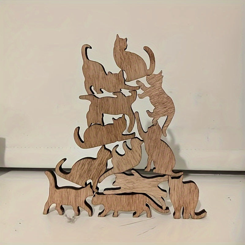 12pcs Wooden Cat Desktop Stacking Game Toys Adult Building Blocks