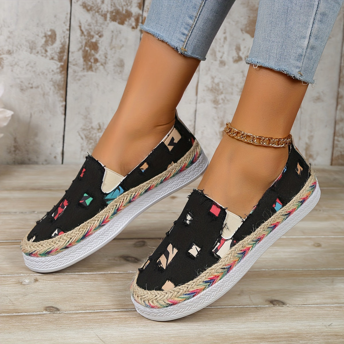 Women's Ripped Denim Flat Shoes Slip On Walking Sneakers