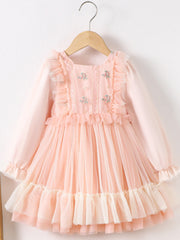 Embroidered Flutter Trim Mesh Dress for Girls
