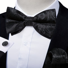 Men Silk Paisley Cravat Cufflinks Hanky Set Wedding Butterfly Tie