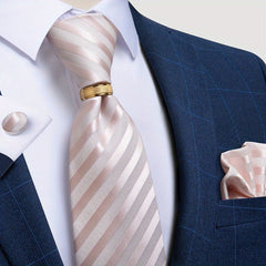 Men's Striped Silk Tie Set with Boutonniere Ring, Tie, Hanky, Cufflink