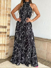 Abstract Print Wide Leg Jumpsuit Sleeveless For Spring & Summer