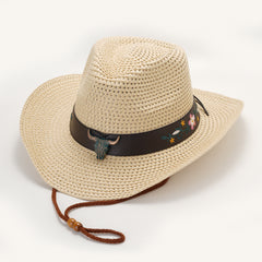 Vintage Cow Head Belt Straw Hat Cowboy Hat