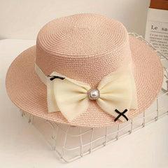 Mesh Bow Decor Sun Hat Flat Top Straw Fedora Solid Jazz Hat