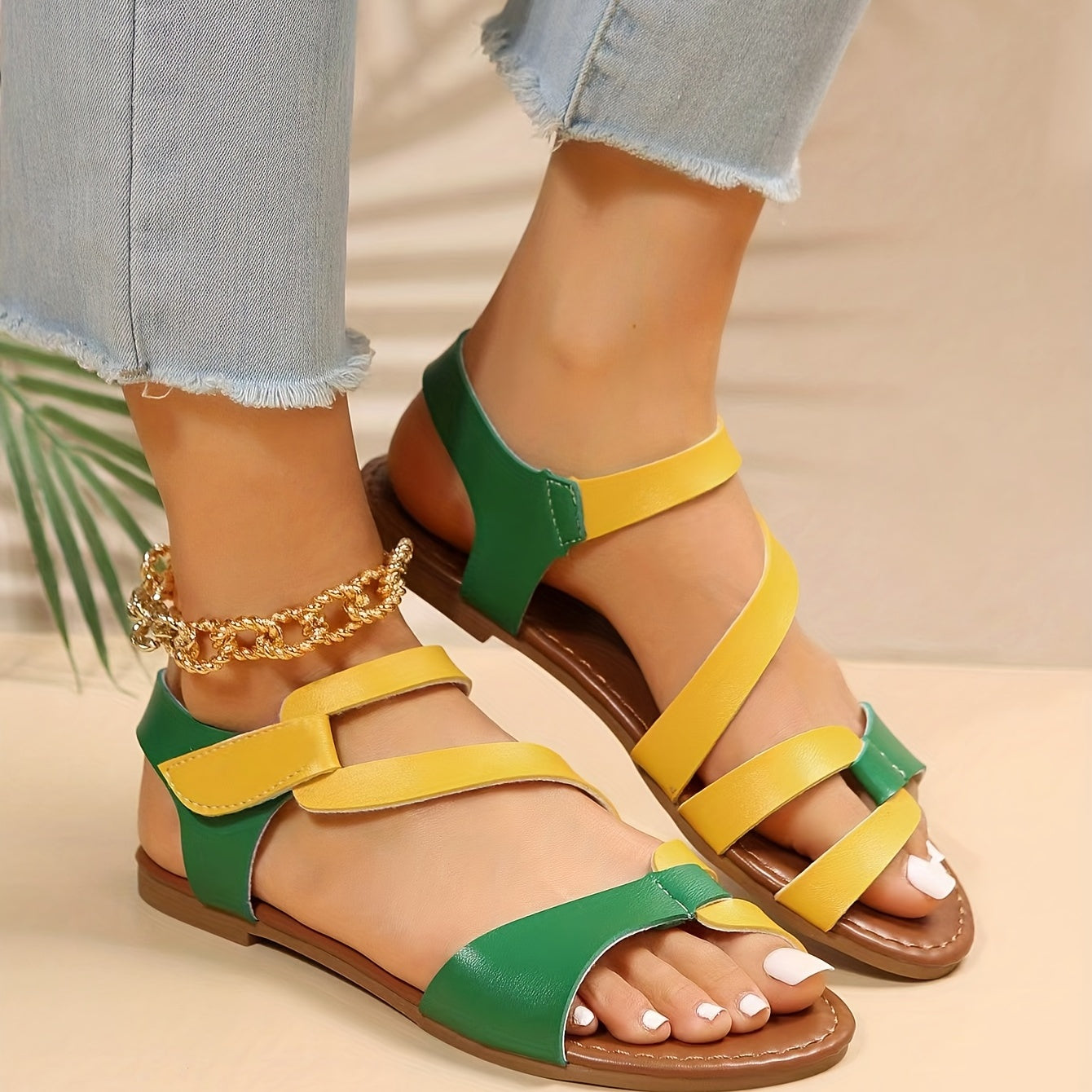 Women's Contrast Flat Sandals Hook & Loop Strap Lightweight Beach Sandals
