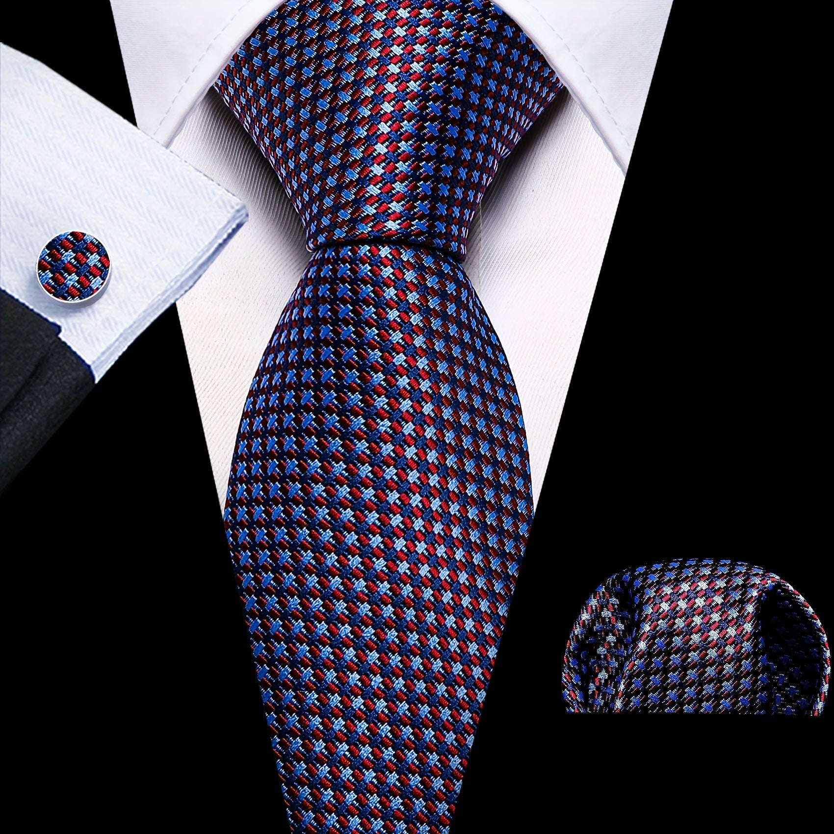 Men's Brown Green Plaid Silk Tie Set