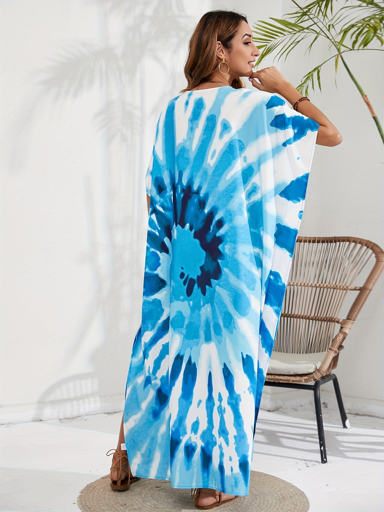 Boho Tie Dye Print Batwing Sleeve Maxi Cover Up Dress