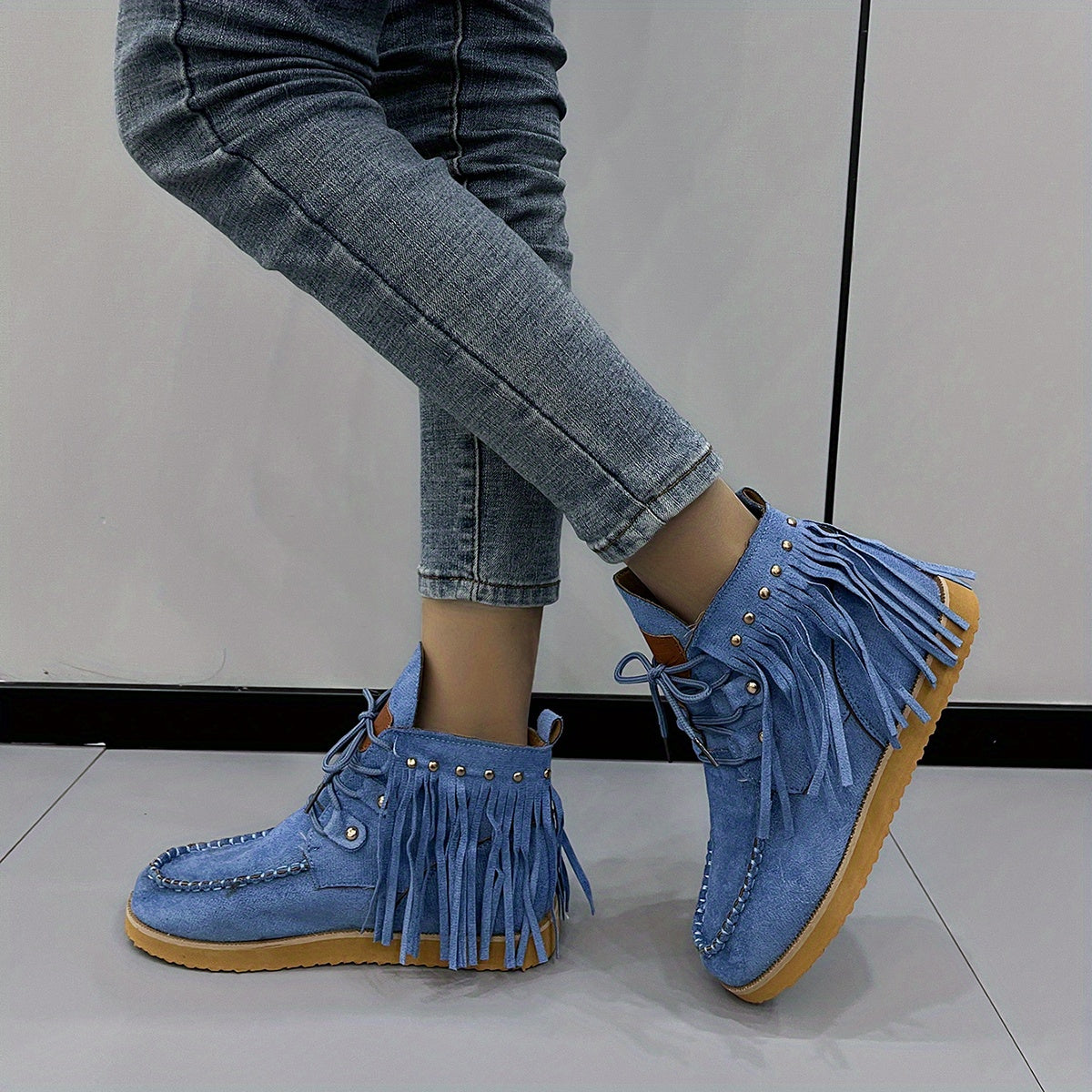 Women's Tassel Flat Ankle Boots Lace Up Anti skid High Top Boots