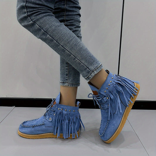 Women's Tassel Flat Ankle Boots Lace Up Anti skid High Top Boots