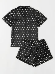 Heart Print Pajamas Set Short Sleeve Buttons Top & Shorts Women's Sleepwear