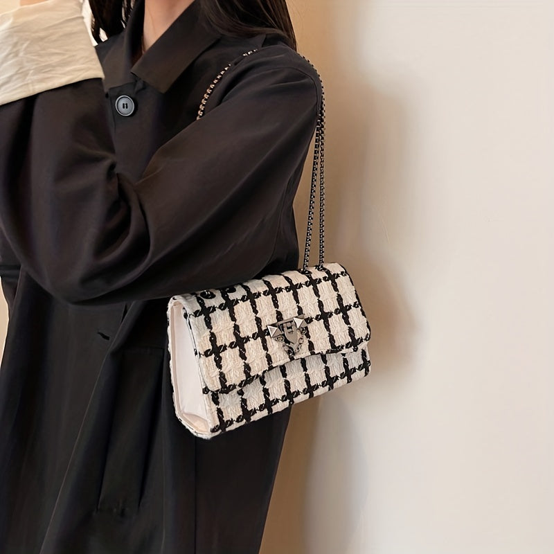 Woolen Plaid Square Bag Chain Shoulder Flap Bag Stylish for Women