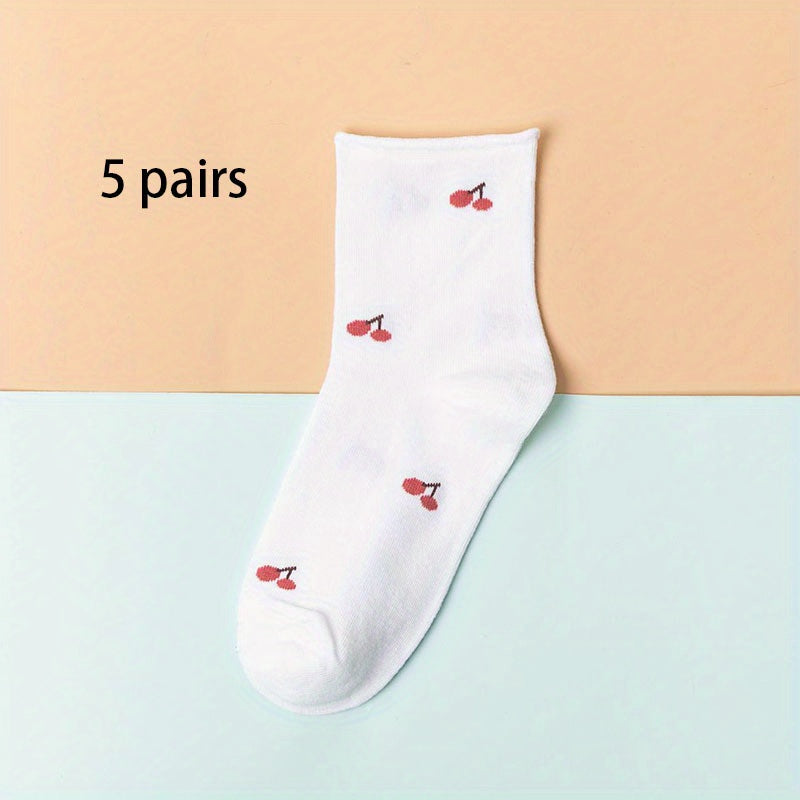 5 Pairs Floral & Fruit Curling Socks Women's Stockings & Hosiery